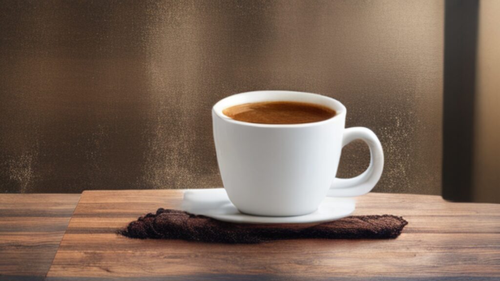 Americano coffee in a white ceramic mug with golden crema on top on a wooden cafe table