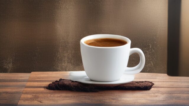 Americano coffee in a white ceramic mug with golden crema on top on a wooden cafe table