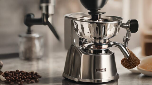 Burr coffee grinder with freshly ground coffee on kitchen counter
