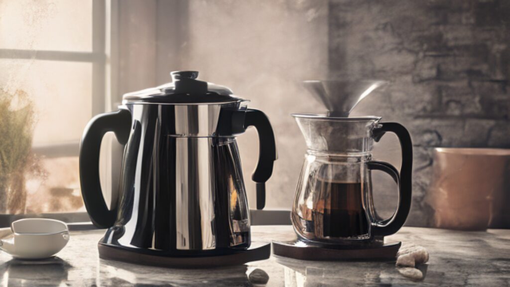 Modern drip coffee maker brewing fresh coffee on kitchen counter