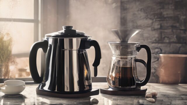 Modern drip coffee maker brewing fresh coffee on kitchen counter