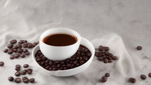 Best decaf coffee beans in a white ceramic bowl with a cup of brewed decaf coffee