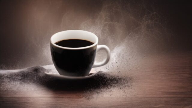 Black coffee in a simple white mug with steam rising, showing the deep dark color of freshly brewed coffee