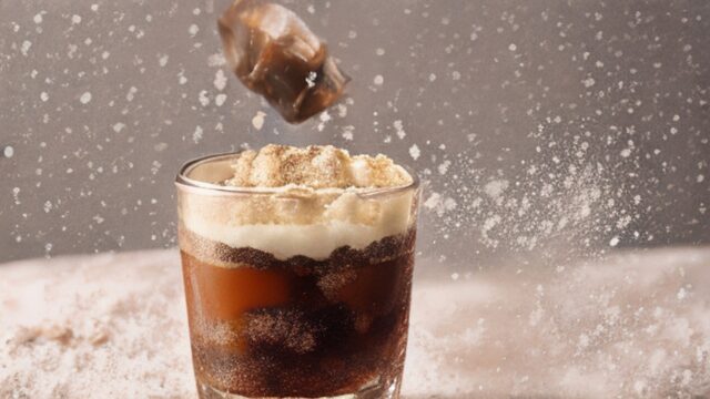 Brown sugar shaken espresso in a tall glass with oat milk, ice, and cinnamon dusting on top