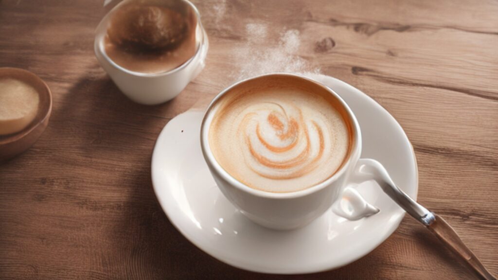 Classic cappuccino in a white ceramic cup with thick milk foam on wooden table