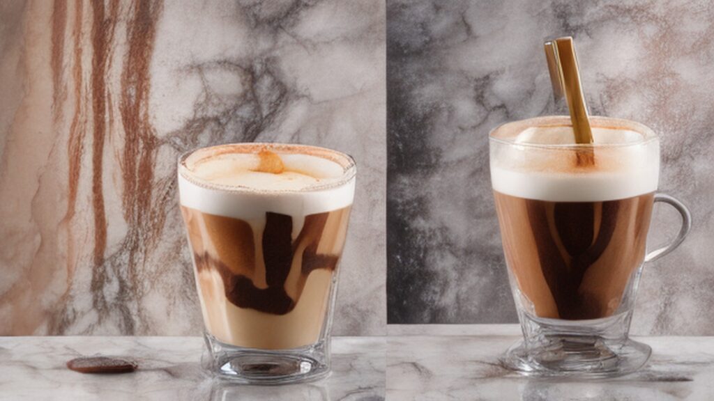 Homemade caramel macchiato in a clear glass with layered espresso, steamed milk and caramel drizzle on top