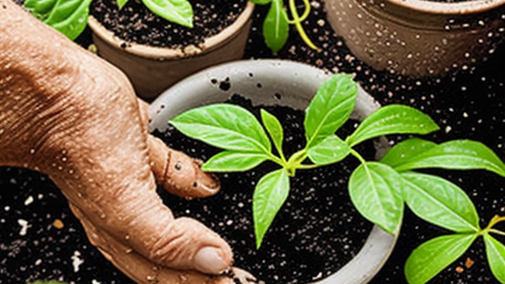 Used coffee grounds being added to soil around a potted plant
