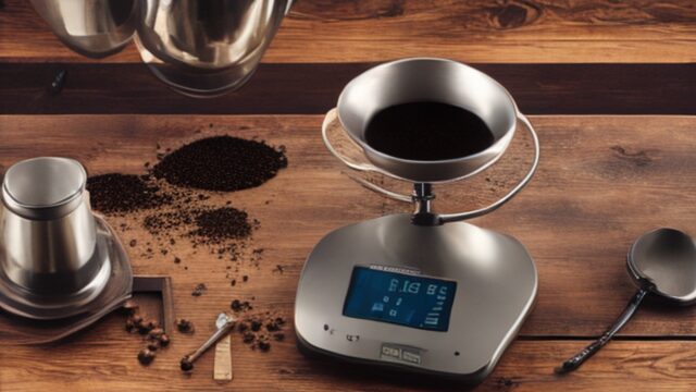 Digital coffee scale measuring coffee grounds for perfect brewing ratio