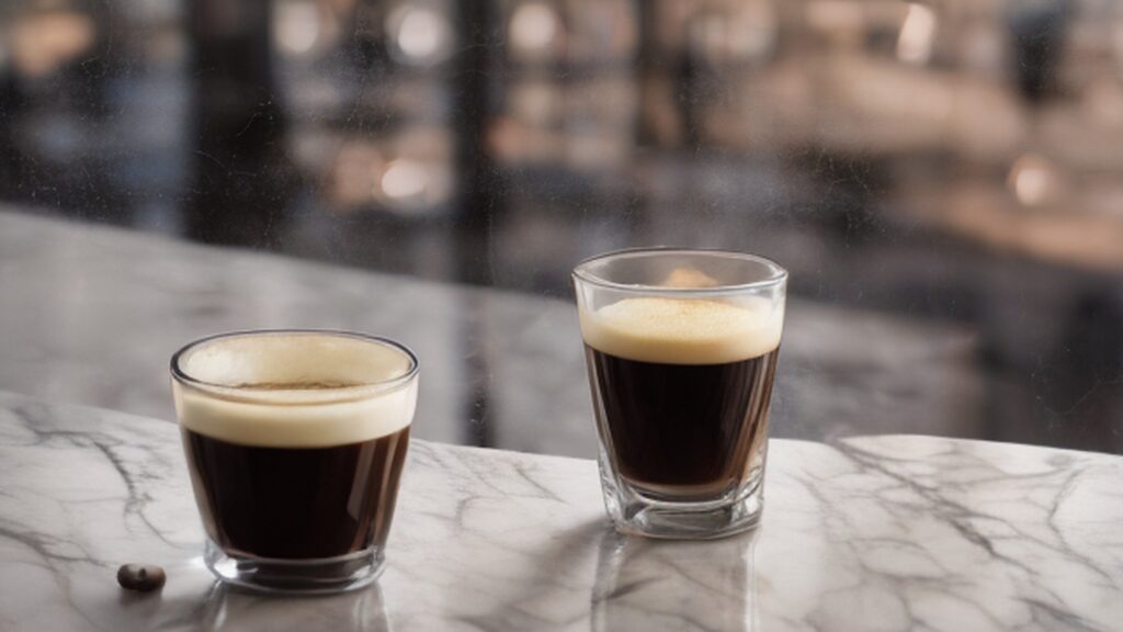 Cortado coffee in a small gibraltar glass on a marble cafe counter showing equal parts espresso and warm milk