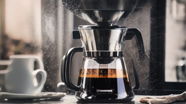 Drip coffee maker brewing fresh coffee on a kitchen counter in the morning