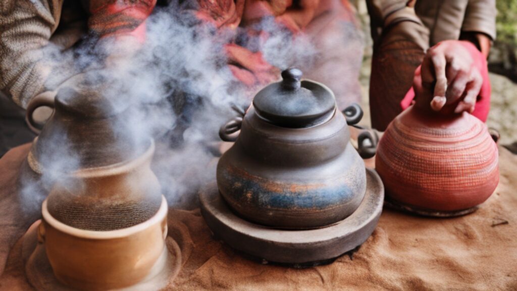 Ethiopian traditional coffee ceremony with jebena pot and small cups