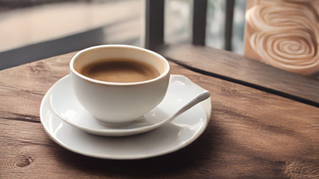 Flat white coffee in a small white ceramic cup with delicate rosette latte art made from silky microfoam on a wooden cafe table