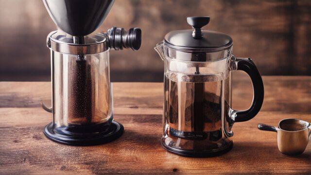 French press coffee maker with freshly brewed coffee ready to plunge