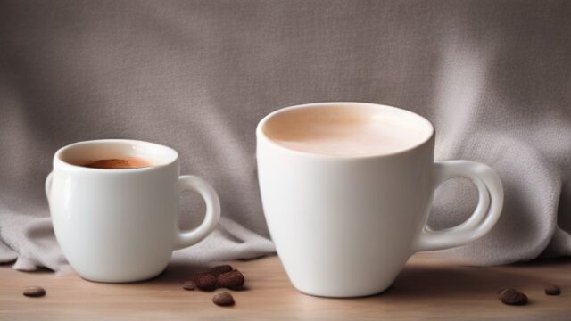 Homemade latte with creamy milk foam in a white ceramic mug