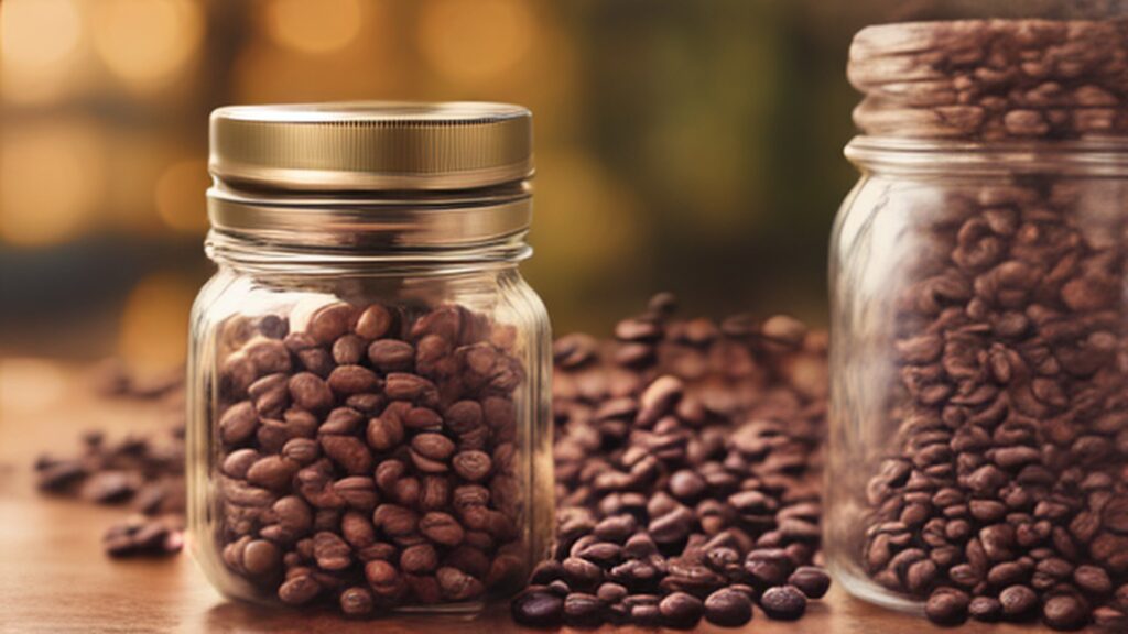 Coffee beans stored in an airtight glass jar to stay fresh for weeks