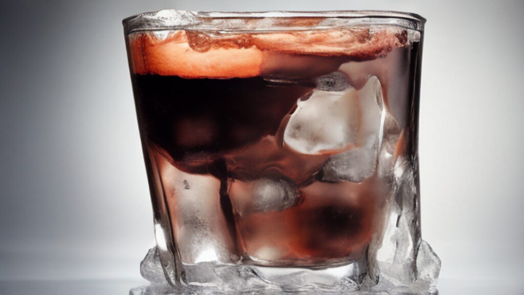 Iced americano in a crystal clear glass with large ice cubes and dark espresso poured over ice