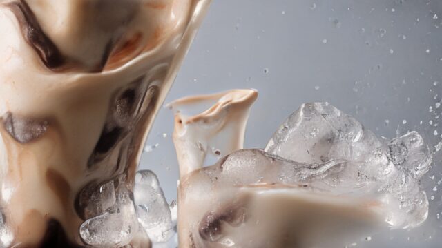 Homemade iced latte in a tall glass with espresso swirling through cold milk and ice cubes