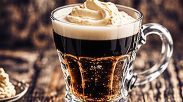 Irish coffee in a clear glass mug topped with a layer of whipped cream