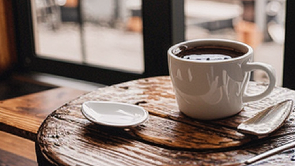 A cup of black coffee on a table next to an empty plate in the morning