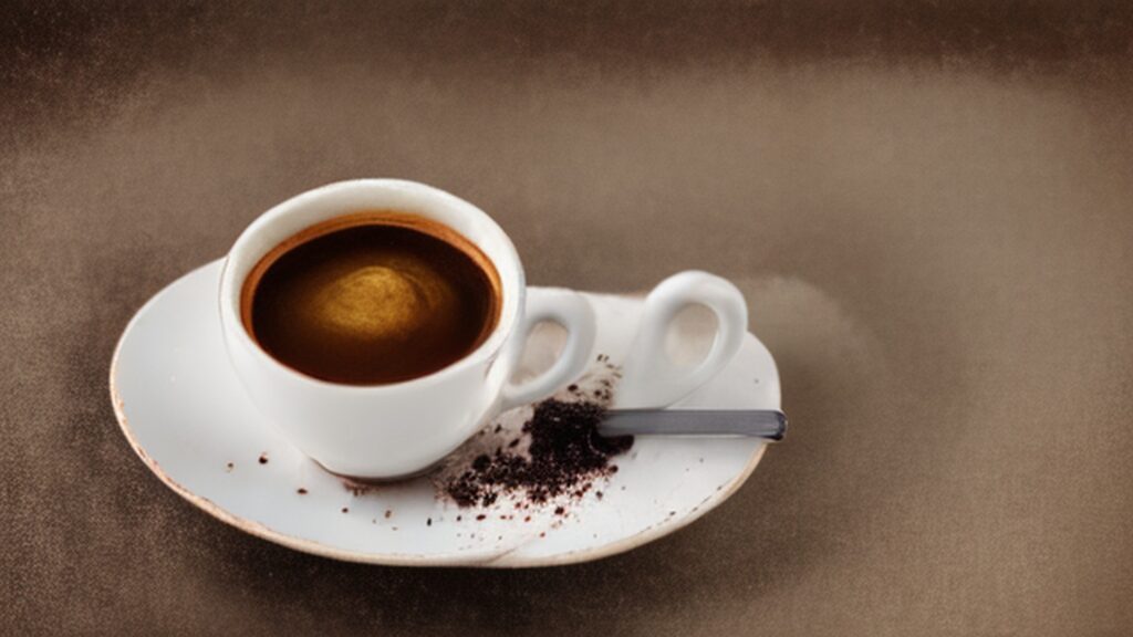 Espresso macchiato in a small white demitasse cup with a tiny dot of milk foam on a wooden cafe counter