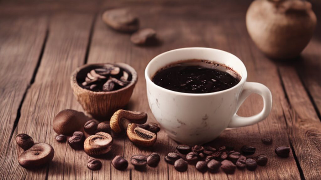 Mushroom coffee blend with lion's mane and chaga mushroom powder next to a coffee mug