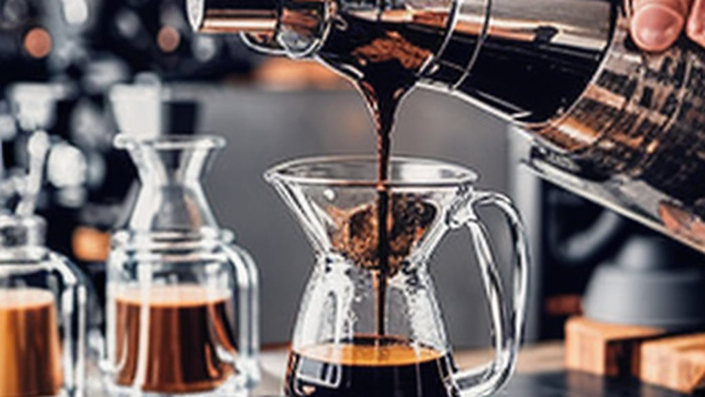 A barista pouring specialty coffee through a pour over dripper with beans and a scale nearby